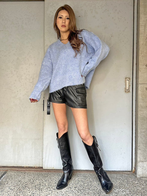 Vネックロングシャギーニットトップス